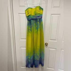 L Camille La Vie yellow and blue watercolor chiffon‎ strapless gown pleated…